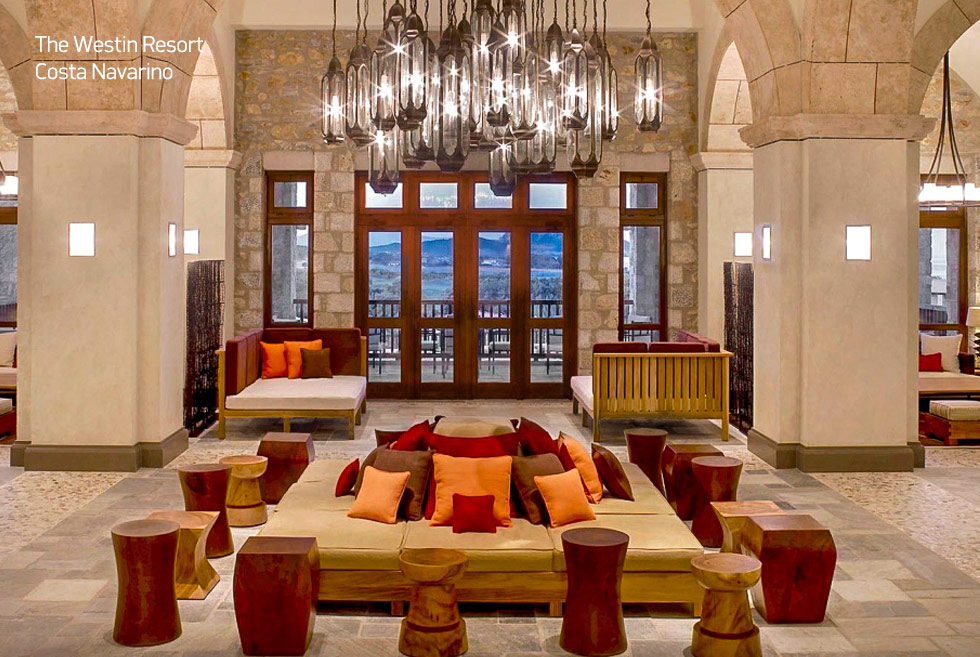 Costa Navarino. The Westin resort lobby. Holidays in Greece.
