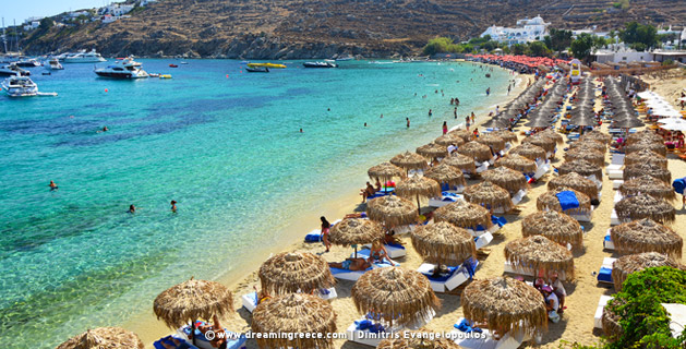 Travel Guide of Greece. Psarou beach in Mykonos Greece