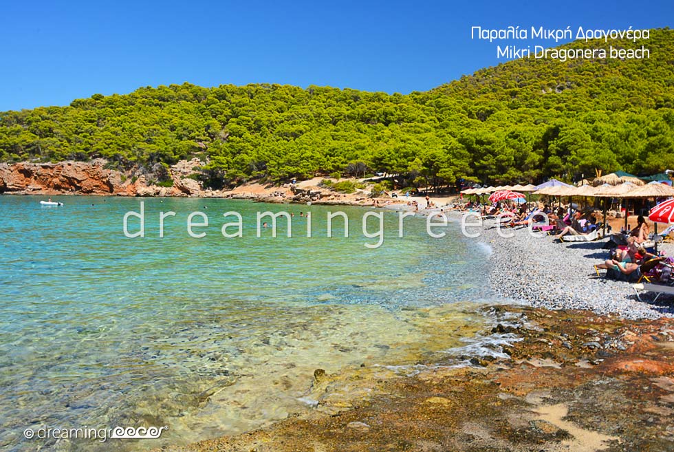 Mikri Dragonera Beach. Vacations in Agistri island Greece Beaches. Greek travel.
