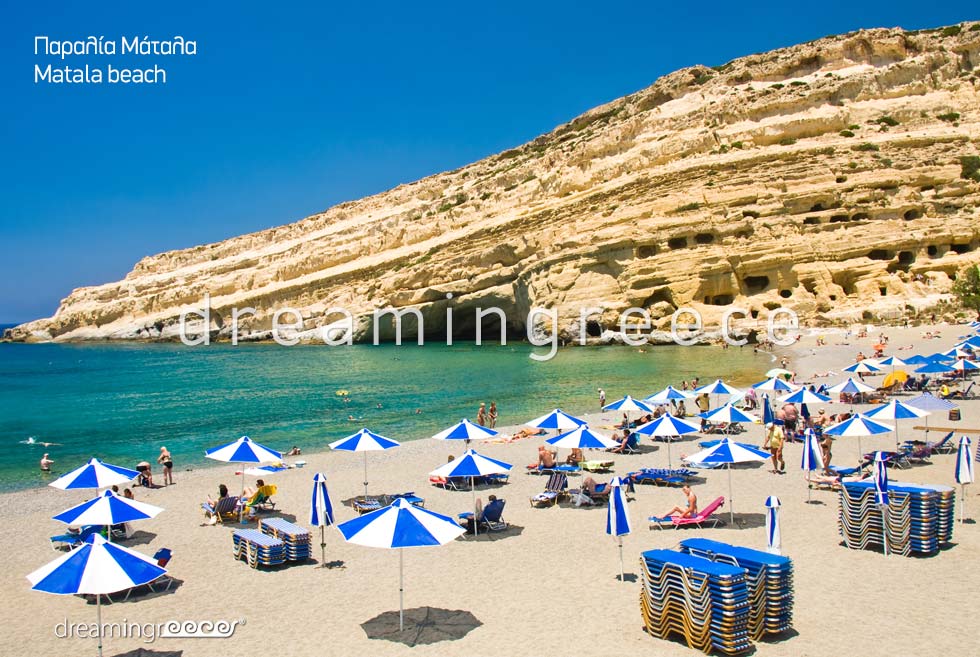 Matala beach. Heraklion Beaches. Summer Holidays in Crete.