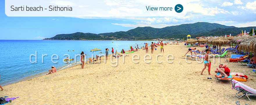Sarti beach Halkidiki Beaches Sithonia Greece. Tourist guide Chalkidiki.