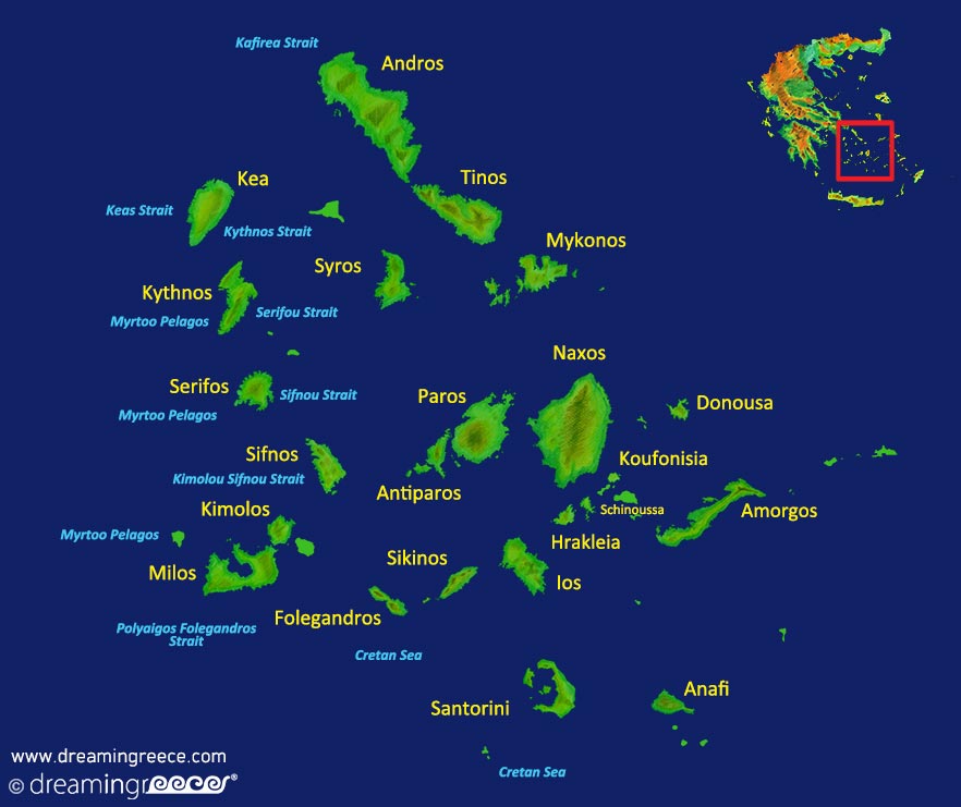 Cyclades islands Map Greece. Vacations Greek islands.