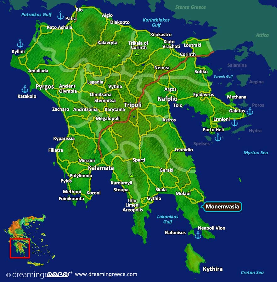 Monemvasia Map Laconia Peloponnese Greece
